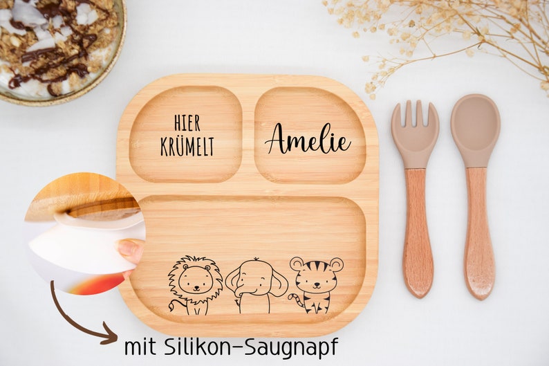 Bambusteller mit Saugnapf, Babyteller aus Bambus, Kinderteller aus Holz Geschenk zur Geburt, Taufe Weihnachten, Kinderbesteck Bild 5