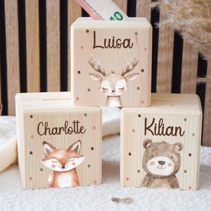 Spardose mit Tiermotiv, Personalisiert mit Namen, Kinder Spardose aus Holz, Geschenk zur Geburt, Taufe oder Geburtstag,  Geldgeschenk Kind