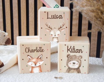 Hucha de madera con temática de animales, personalizada con nombre, hucha infantil, regalo de nacimiento, bautizo o cumpleaños, regalo de dinero para niños