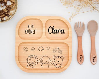 Bambusteller mit Saugnapf, Babyteller aus Bambus, Kinderteller aus Holz Geschenk zur Geburt, Taufe, Weihnachten, Kinderbesteck, Taufgeschenk