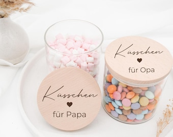 Vatertagsgeschenk, Küsschen für Papa, Personalisiertes Vorratsglas Gravur, Geschenk für Papa, Nervennahrung, Männergeschenk mit Holzdeckel