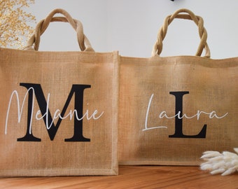 Sac de plage en jute personnalisé avec nom cadeau pour la fête des mères JGA shopping échange personnalisé maman amie sage-femme plage