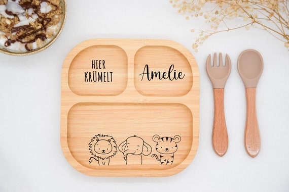 Bambusteller mit Saugnapf, Babyteller aus Bambus, Kinderteller aus Holz Geschenk zur Geburt, Taufe Weihnachten, Kinderbesteck