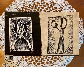 Scissors and Pliers linocut sew-on patches