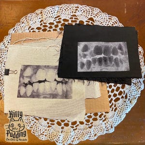 May include: A collection of fabric swatches and cardboard pieces, each featuring a grayscale image of teeth. One swatch is secured with a binder clip. The Kitty Pudding logo is visible in the lower left corner.