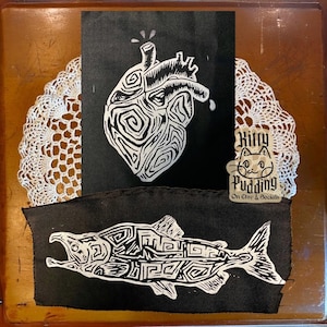 Fish and Heart linocut sew-on patches