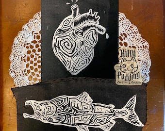 Fish and Heart linocut sew-on patches