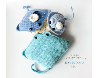 May include: Crochet pattern bundle for making three ray buddies. The pattern includes instructions for making a blue ray with white spots, a light blue ray with white spots, and a light blue ray with a hat. The pattern is called "Ray Buddies" by "Ariyoka".