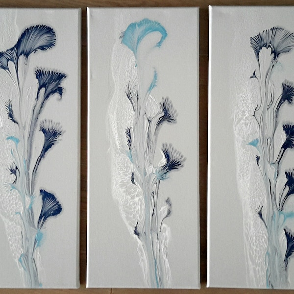 Triptychon, Abstrakte Malerei auf Leinwand, Acryl, silbergrau, weiß, blau