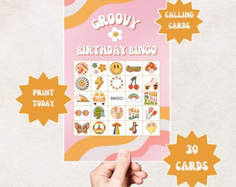 May include: A pink and orange groovy birthday bingo card with 30 cards included. The card features a variety of 1970s themed images, including a peace sign, a mushroom, a rainbow, and a smiley face.