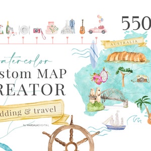 Watercolor Map Creator, Wedding Map Creator, Map Icons, Travel, Planner, World Map Clipart, USA States Maps, Destination Wedding Clipart