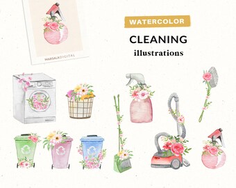 Watercolor Cleaning Cliparts, Household Chores, Chores Clipart, Housework Clipart, Planner Clipart, Cleaning Tools, Housework, Recycle Bin