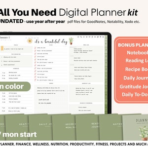 Samsung Notes Digital Planner UNDATED, Goodnotes Digital Planner, iPad Planer, ADHS Digital Kalender, Notability, Grün, Pflanzen, PREMIUM