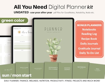 Updated Digitaler Planner, Goodnotes Digitaler Planner, Portrait, iPad Planner, Digitaler Kalender, Notability, Green, Bonus Journals, PREMIUM