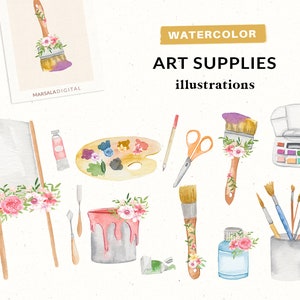 Acuarela arte suministros imágenes prediseñadas, papelería, pintura, artista, planificador clipart, herramientas de arte, de vuelta a la escuela, útiles escolares, pintura, pincel