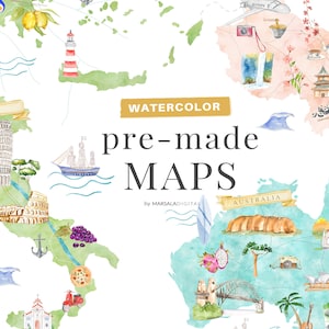 Watercolor Destination Cliparts, Landmarks, Wedding Map, Counrty Maps, Travel, Planner, World Map Clipart, Destination Wedding Clipart, PNG