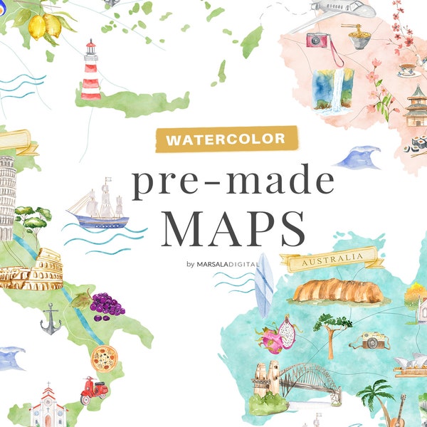 Watercolor Destination Cliparts, Landmarks, Wedding Map, Counrty Maps, Travel, Planner, World Map Clipart, Destination Wedding Clipart, PNG