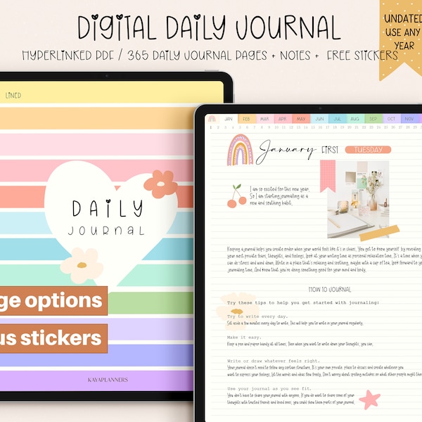 Digitales tägliches Journal, 365 tägliche Seiten, PASTEL Digitales Tagebuch, Hochformat Hyperlinked Journal für Goodnotes Notability iPad Bonus niedliche Aufkleber