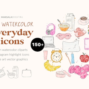 Icone quotidiane Clipart, Watercolor Planner Clipart, Planner Illustration, Chores, Beauty, Self Care Routine, Everyday objects PNG Commercial