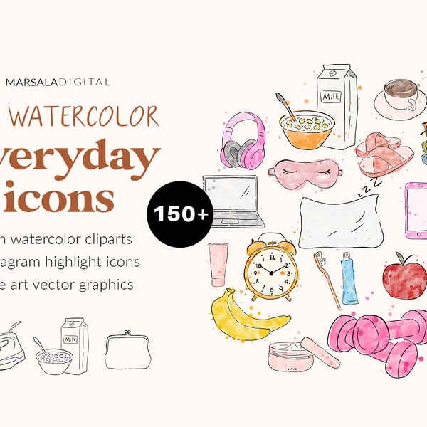 Everyday Icons Clipart, Watercolor Planner Clipart, Planner Illustration, Chores, Beauty, Self Care Routine, Objets de tous les jours PNG Commercial