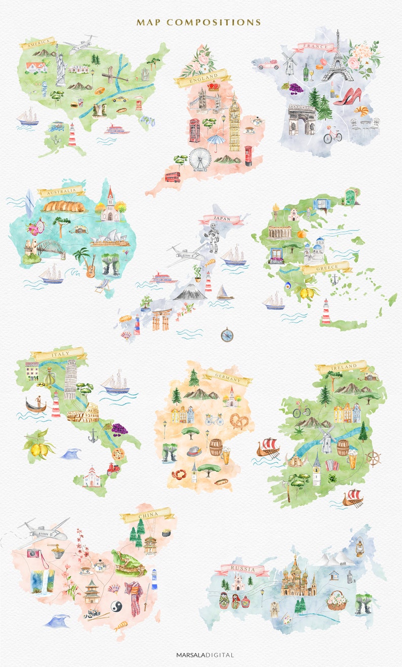 Aquarell Landkarte Schöpfer, Landkarte Schöpfer, Landkartensymbole, Reise, Planer, Weltkarte Clipart, USA Staaten Karten, Ziel Hochzeit Clipart Bild 2
