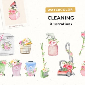 Aquarell Reinigung Cliparts, Hausarbeit, Chore Clipart, Hausarbeit Clipart, Planer Clipart, Reinigungswerkzeuge, Hausarbeit, Papierkorb