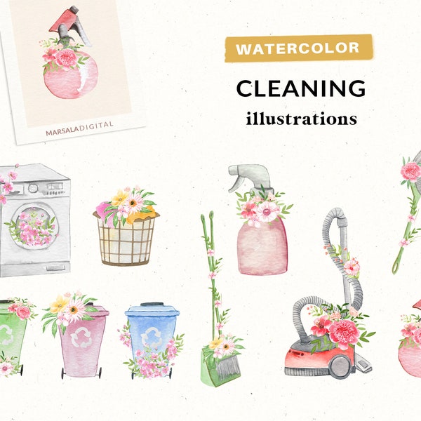 Watercolor Cleaning Cliparts, Household Chores, Chores Clipart, Housework Clipart, Planner Clipart, Cleaning Tools, Housework, Recycle Bin