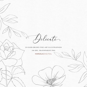 Fine Art Botanical Clipart, Pencil Sketch Flowers, Hand drawn Floral Clipart, Line Art Botanicals, Line Art Flowers, Peony, Rose, Leaves PNG