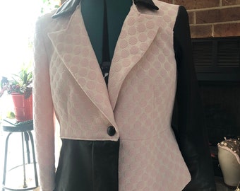 Women’s upcycled, refashioned one of a kind blazer with leather sleeve and collar