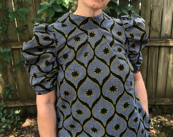 Handmade one-of-a-kind women’s puff sleeve shift dress with pockets