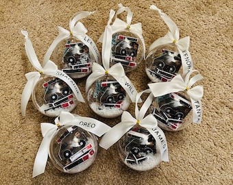 Op de afbeelding: Acht transparante glazen kerstballen met witte strikken en gepersonaliseerde namen op het lint. Elke bal bevat een klein model van een zwarte auto met rode en witte accenten.