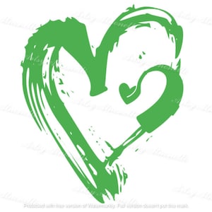 May include: A green heart shape drawn with a brush stroke. The heart is outlined in a darker shade of green and has a smaller heart shape inside.