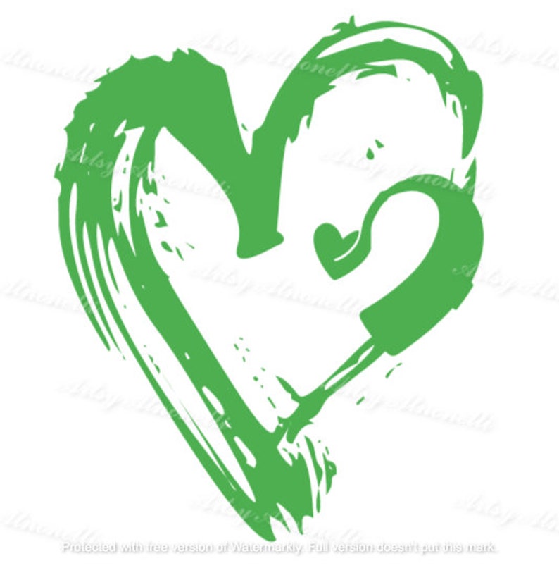 May include: A green heart shape drawn with a brush stroke. The heart is outlined in a darker shade of green and has a smaller heart shape inside.