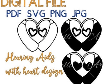 Hearing Aid Heart with Three designs- Outline, solid BTE, and Solid Ear molds with BTE digital file download