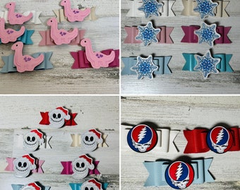 Dinosaur, Jack, Snow Flakes, Grateful dead, and Hearing Aid felties with faux leather embroidered hair clips or barrettes