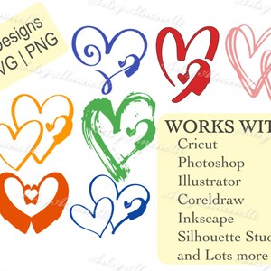 May include: Seven different heart designs in various colours, including blue, green, red, orange, and pink. The designs are in a variety of styles, including simple, ornate, and abstract. The text "WORKS WITH: Cricut, Photoshop, Illustrator, Coreldraw, Inkscape, Silhouette Studio, and Lots more" is displayed below the hearts.