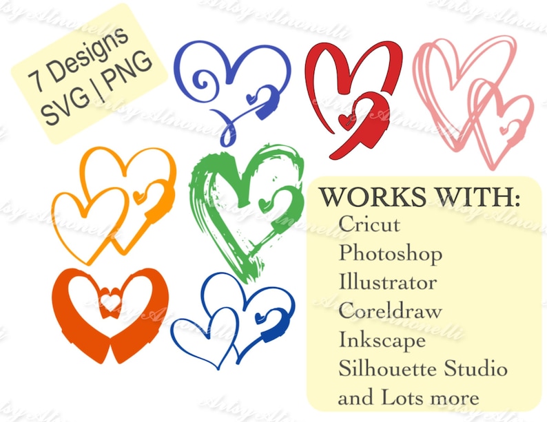 May include: Seven different heart designs in various colours, including blue, green, red, orange, and pink. The designs are in a variety of styles, including simple, ornate, and abstract. The text "WORKS WITH: Cricut, Photoshop, Illustrator, Coreldraw, Inkscape, Silhouette Studio, and Lots more" is displayed below the hearts.
