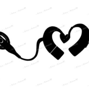 May include: A black silhouette of a cochlear implant and a hearing aid arranged in a heart shape. The cochlear implant has a round external processor and a curved wire. The hearing aid is a behind-the-ear style.