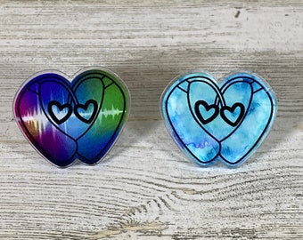 Hearing Aid awareness acrylic pins, hearing aids pin, hearing aid themed accessory, watercolor and sounds waves