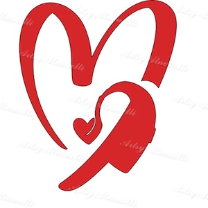 May include: A red heart with a red hearing aid inside. The hearing aid is shaped like a stylised ear.