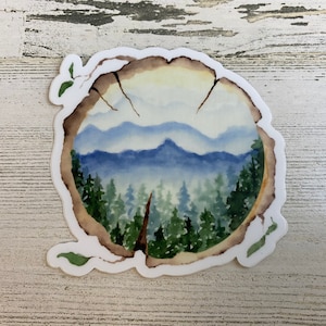 Blue mountains looking through tree stump frame sticker, watercolor nature, mountains framed, Decal For Laptop/ Phone/ and more
