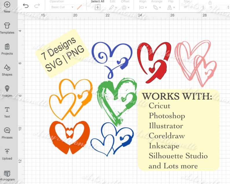 May include: Seven different designs of double hearts in various colours, including blue, red, orange, green, and pink. The designs are displayed on a grid background. The text "7 Designs SVG | PNG" and "WORKS WITH: Cricut, Photoshop, Illustrator, Coreldraw, Inkscape, Silhouette Studio and Lots more" is also included in the image.