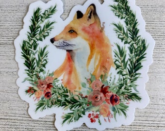 Fox Closeup with flowers sticker, watercolor fox, fox head framed, Decal For Laptop/ Phone/ and more