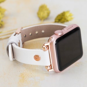 White Apple Watch Beaded Leather Band 38mm 40mm 41mm 42mm 44mm 45mm 49mm, Slim Leather iWatch Strap for Women, Bracelet Gift for Her Sister
