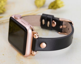 Black Slim Apple Watch Leather Band 38mm 40mm 41mm 42mm 44mm 45mm 49mm iWatch Beaded Strap,Leather Apple Watch for Women,Gift for Her Sister