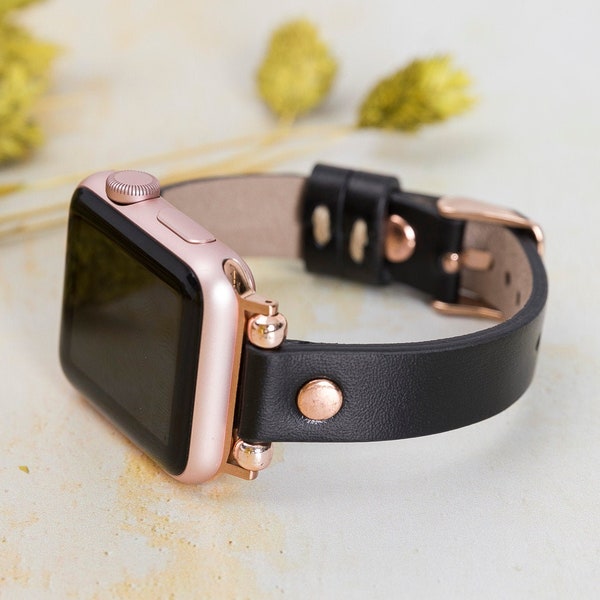 Black Slim Apple Watch Leather Band 38mm 40mm 41mm 42mm 44mm 45mm 49mm iWatch Beaded Strap,Leather Apple Watch for Women,Gift for Her Sister