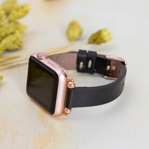 Black Apple Watch Band 38mm, Slim Leather Apple Watch 40mm 41mm Band, iWatch Strap for Woman 42mm 44mm 45mm 49mm, Custom Gift Monogram Her