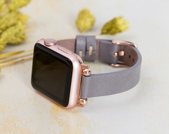 Gray Leather Apple Watch Band 38mm 40mm 41mm 42mm 44mm 45mm 49mm Genuine Leather iWatch Beaded Strap for all series Bracelet Gift Her Woman