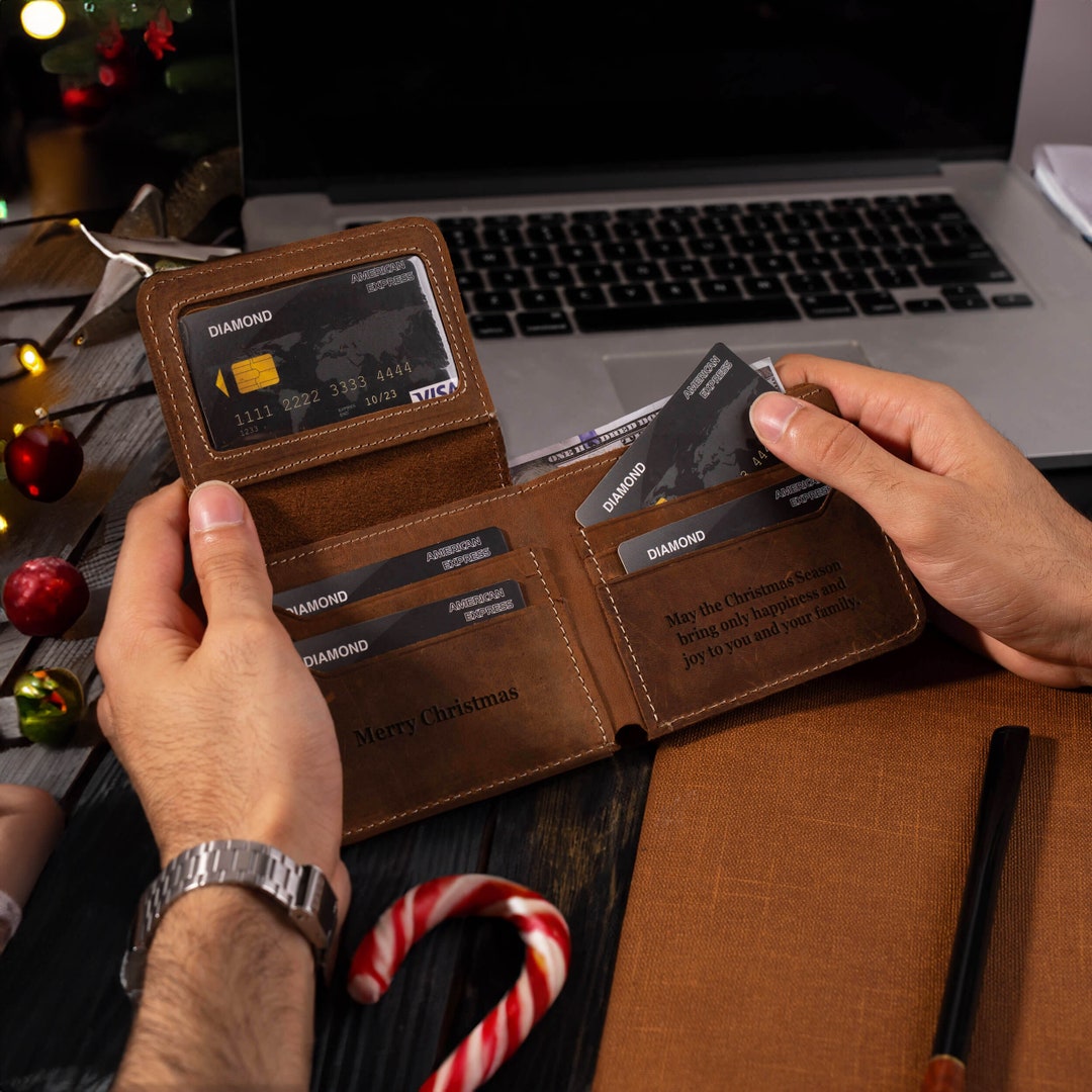 Mens Engraved Wallet, Personalized Leather Wallet for Men, Minimalist
