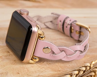 Slim Ivy Apple Watch Leather Band 38mm 40mm 42mm 44mm 45mm 46mm 49mm ULTRA, Leather Apple Watch 11 Strap for Women, Beaded Band,Gift for Her